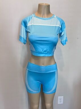 Sky Blue Active Crop Top & Shorts Set